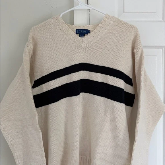 VTG J. Crew Men's Knit Sweater M 100% Cotton White Stripe V Neck USA Made Preppy